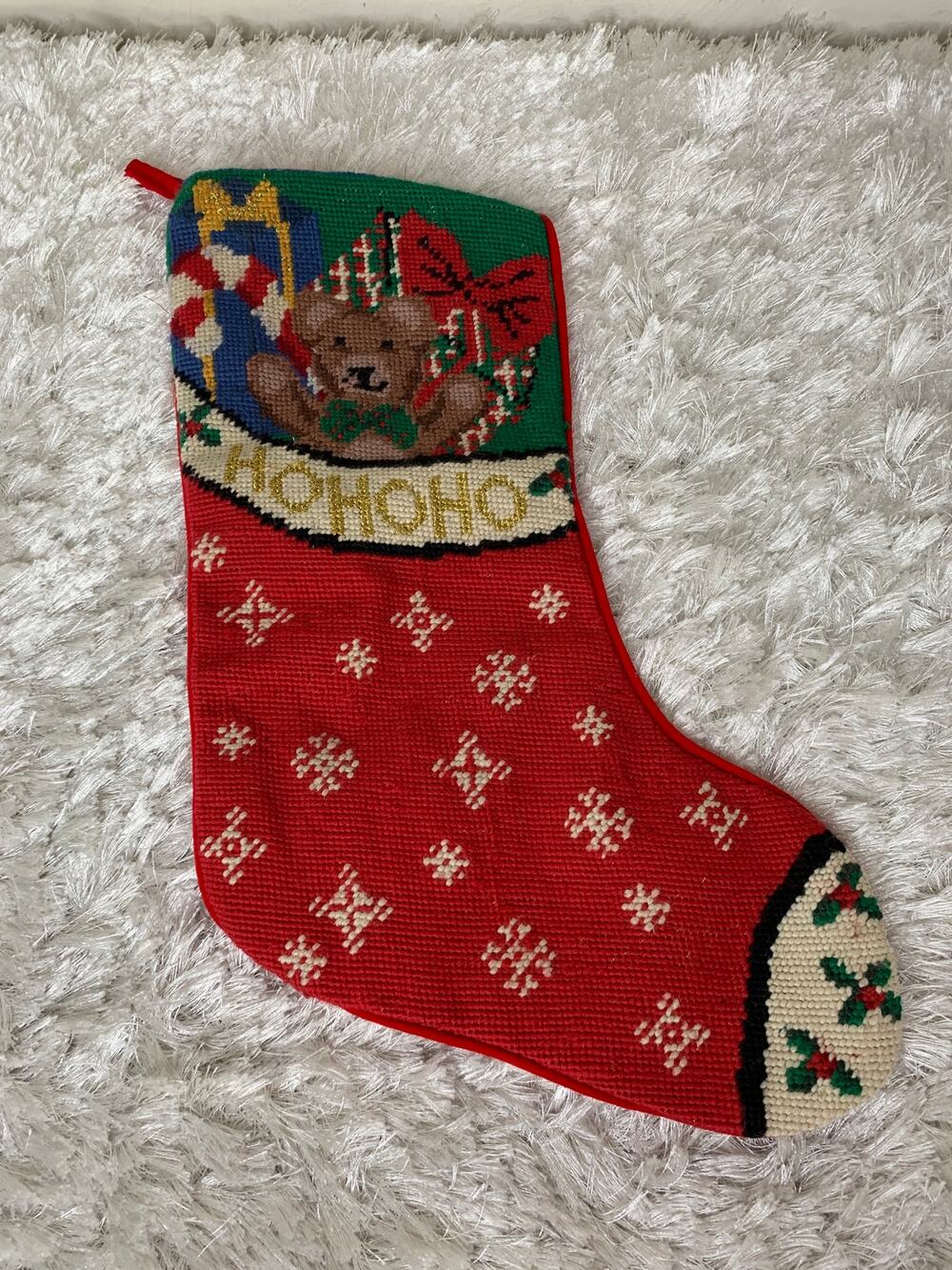 Needlepoint Stocking Red Primary Traditional Teddy Bear Bow HOHOHO